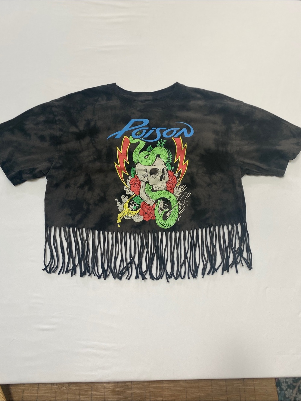 Poison M Black Tie Dye Snake Skull Graphic Fringe Crop Top